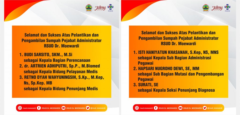 Selamat atas Pelantikan Pejabat Administrator dan Pejabat Pengawas di RSUD Dr. Moewardi