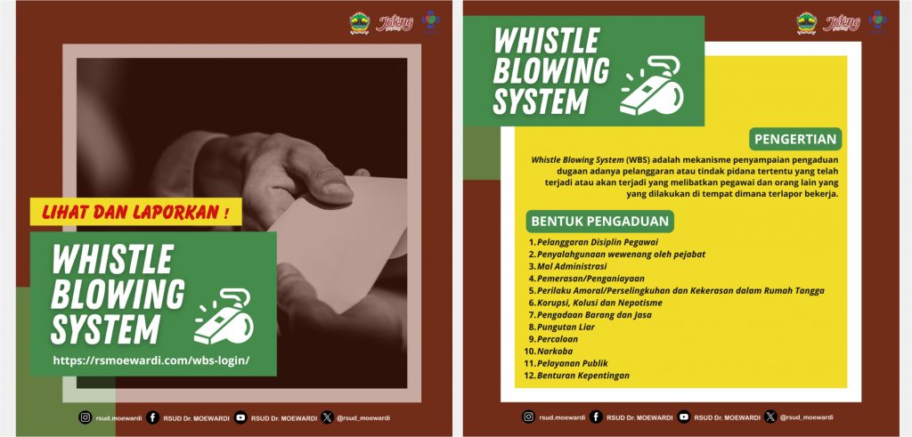 Sampaikan Pengaduan Dugaan Adanya Pelanggaran atau Tindak Pidana Tertentu Melalui Whistle Blowing System RSUD Dr. Moewardi!