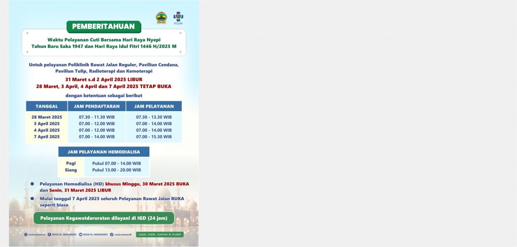Jadwal Pelayanan Rawat Jalan dan Hemodialisa di RSUD Dr. Moewardi Selama Cuti Bersama Hari Raya Nyepi Tahun Baru Saka 1947 dan Hari Raya Idul Fitri 1446 H/ 2025 M